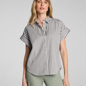SPANX? Poplin Oversized Short Sleeve Button Down | Frosted Moss/Classic White Stripe