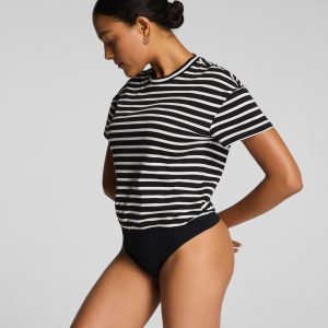 SPANX? Lightweight Cotton Short Sleeve Crewneck Bodysuit | Classic Black/Linen Stripe