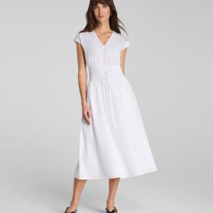 SPANX? Poplin V-Neck Smocked Midi Dress | Classic White